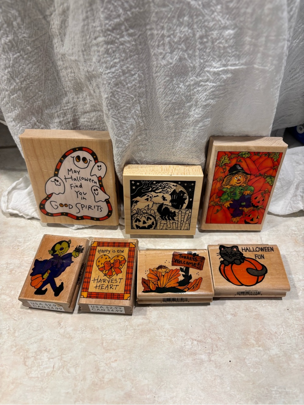 Vintage Halloween & Harvest Wooden Stamp Set - Lot of 7